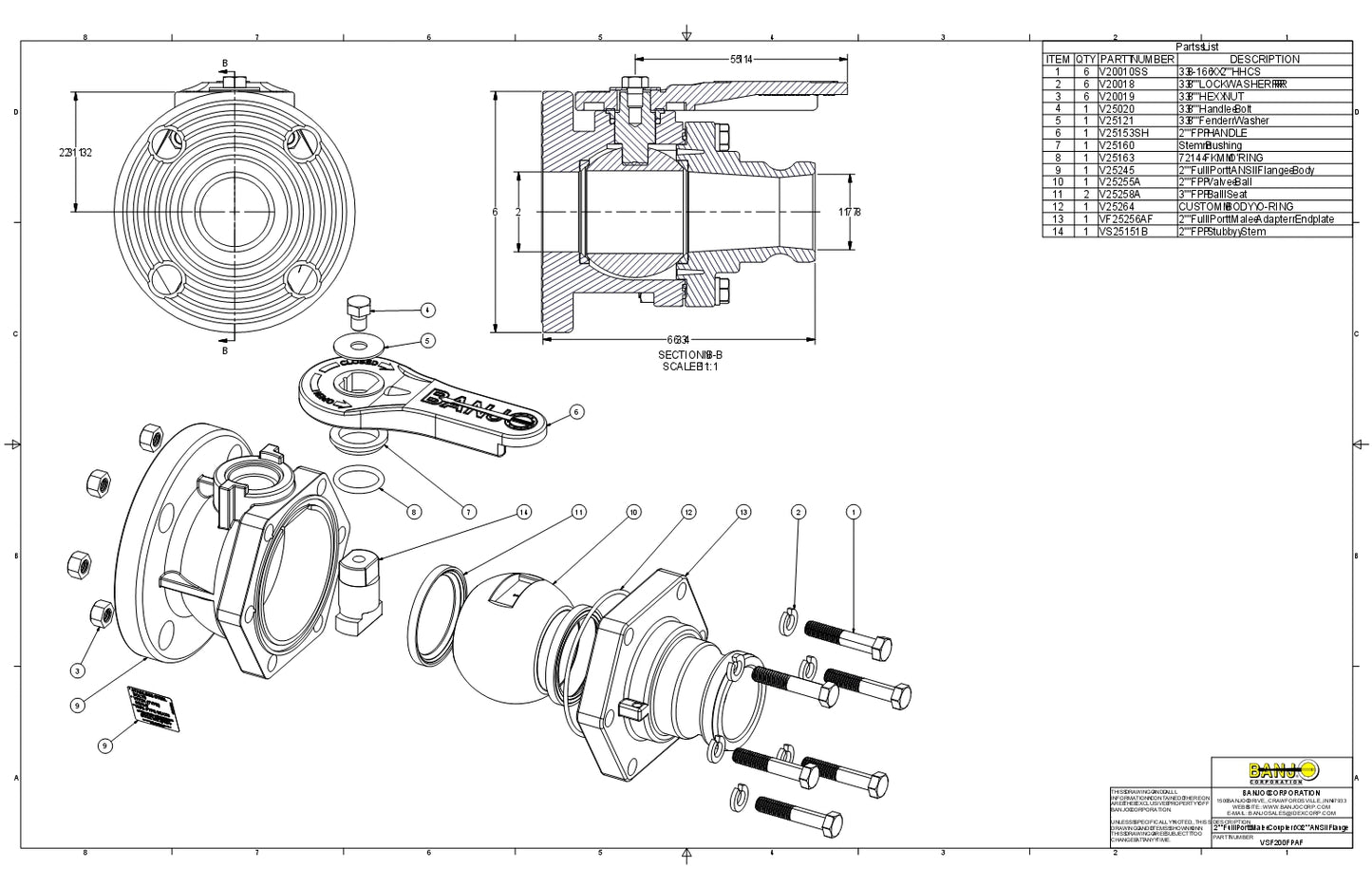 Valvula de bola compuerta completa de 2" con Brida ANSI y Nipple marca Banjo, Quima.com, VSF200FPAF, Hoja Tecnica, Ficha de seguridad , ficha tecnica