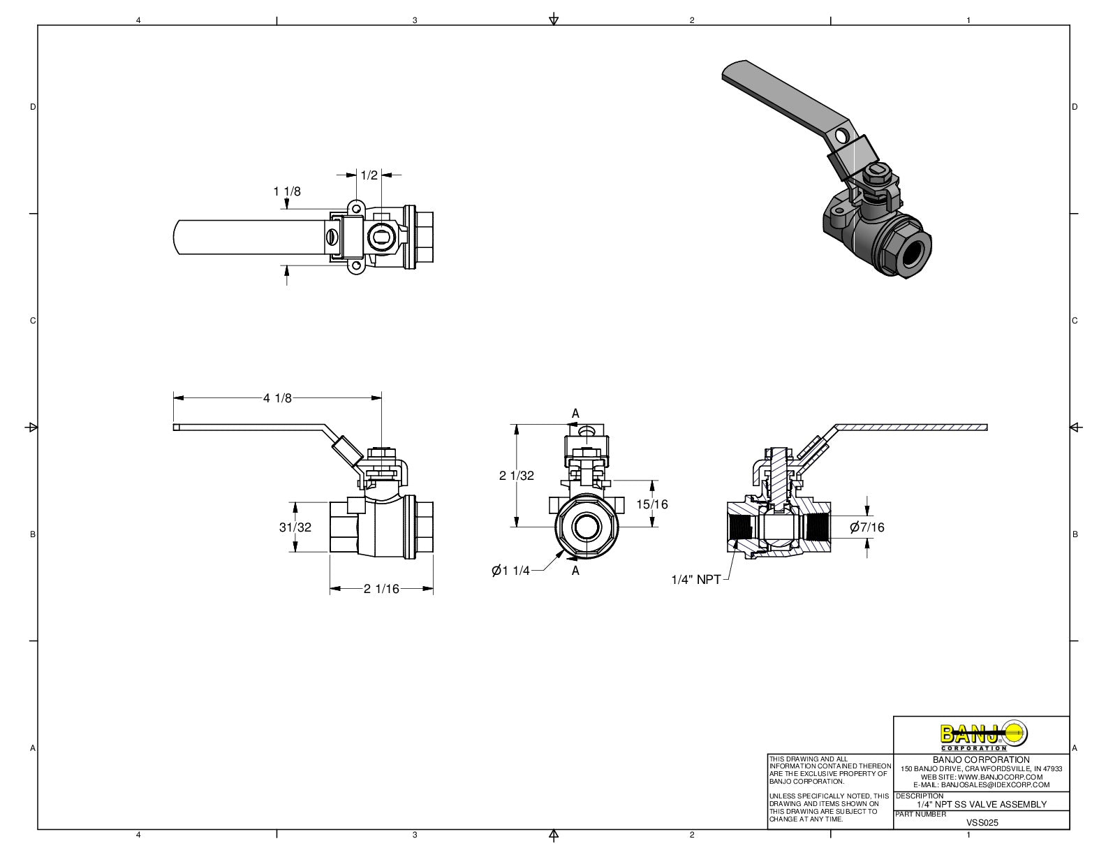 Válvula de Bola de Amplia Apertura 1/4", Marca Banjo México, Quima, VSS025, Distribuidor autorizado, Proveedor autorizado, Hoja técnica, Ficha técnica, Hoja seguridad 