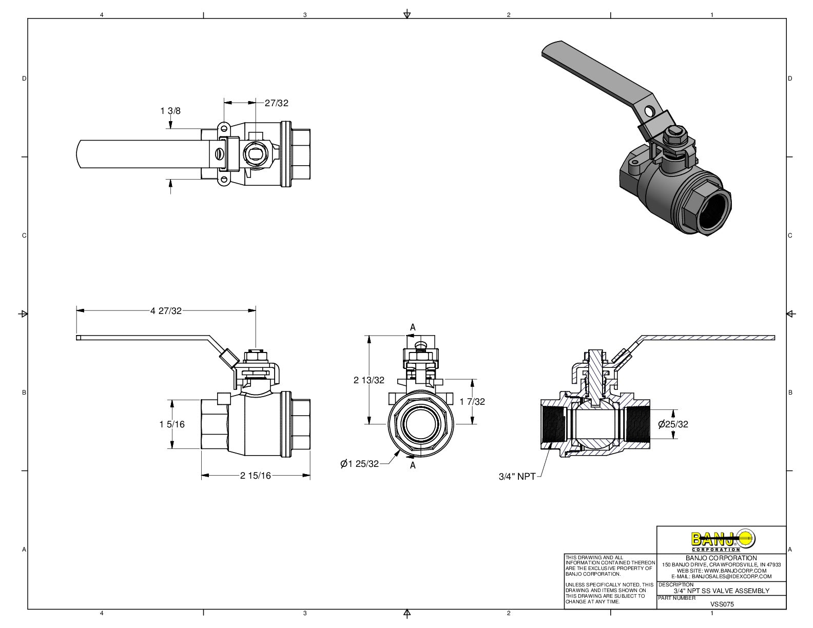 Válvula de Bola de Amplia Apertura 3/4", Marca Banjo México, Quima, VSS075, Proveedor autorizado, Distribuidor autorizado. Hoja técnica, Ficha técnica, Hoja seguridad