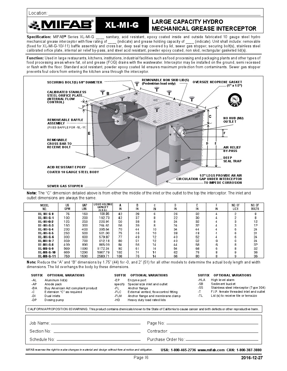 Trampa de Grasa de alta resistencia capacidades de 75 a 750 GPM y 150 a 1500 Lbs de Retension de Grasa marca Mifab, Quima.com, XL-MI-G, Hoja Tecnica