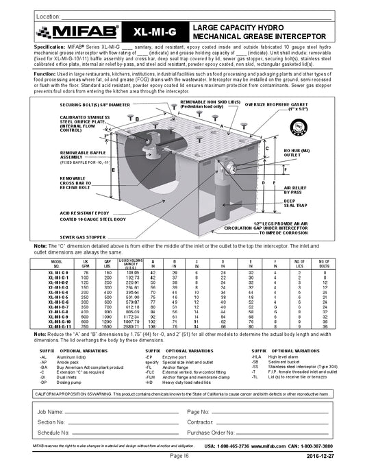 Trampa de Grasa de alta resistencia capacidades de 75 a 750 GPM y 150 a 1500 Lbs de Retension de Grasa marca Mifab, Quima.com, XL-MI-G, Hoja Tecnica