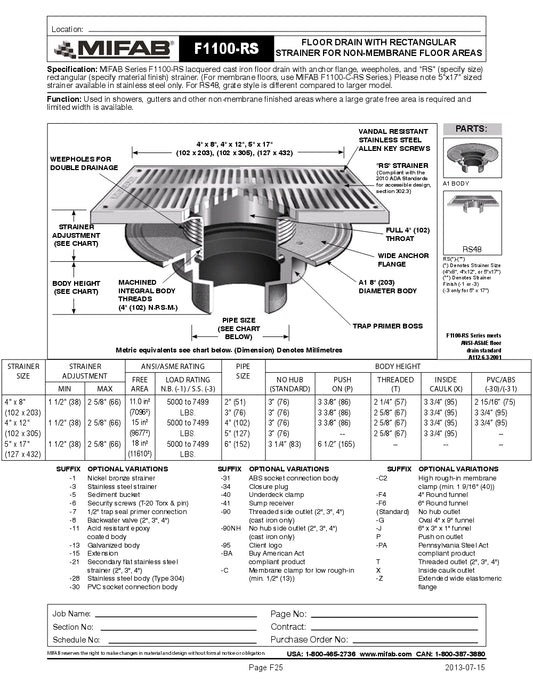 Coladera de Piso con Rejilla Cuadrada Extendida marca Mifab, Quima.com, F1100-RS, Hoja Tecnica, Ficha tecnica, Hoja de seguridad, Distribuidor autorizado, Proveedor autorizado