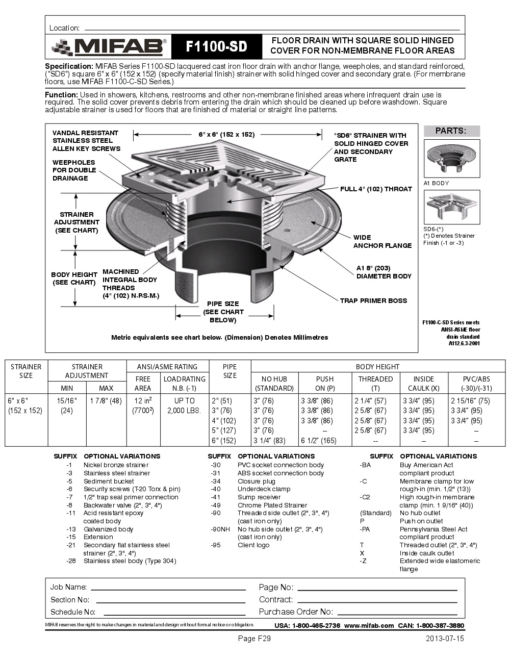 Coladera de Piso con Rejilla Cuadrada Removible marca Mifab, Quima.com, F1100-SD, Hoja Tecnica