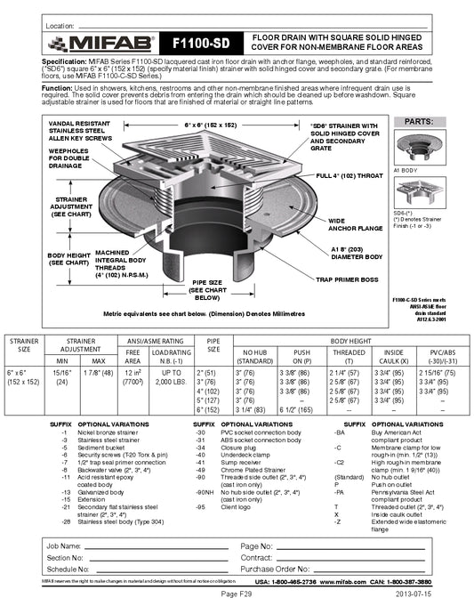 Coladera de Piso con Rejilla Cuadrada Removible marca Mifab, Quima.com, F1100-SD, Hoja Tecnica