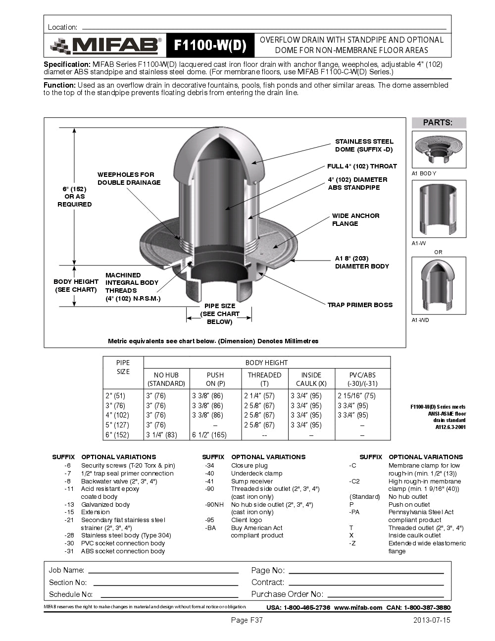 Coladera de Piso con Tubo Regulador (Cupula) marca mifab, Quima.com, F1100-W(D), Hoja Tecnica