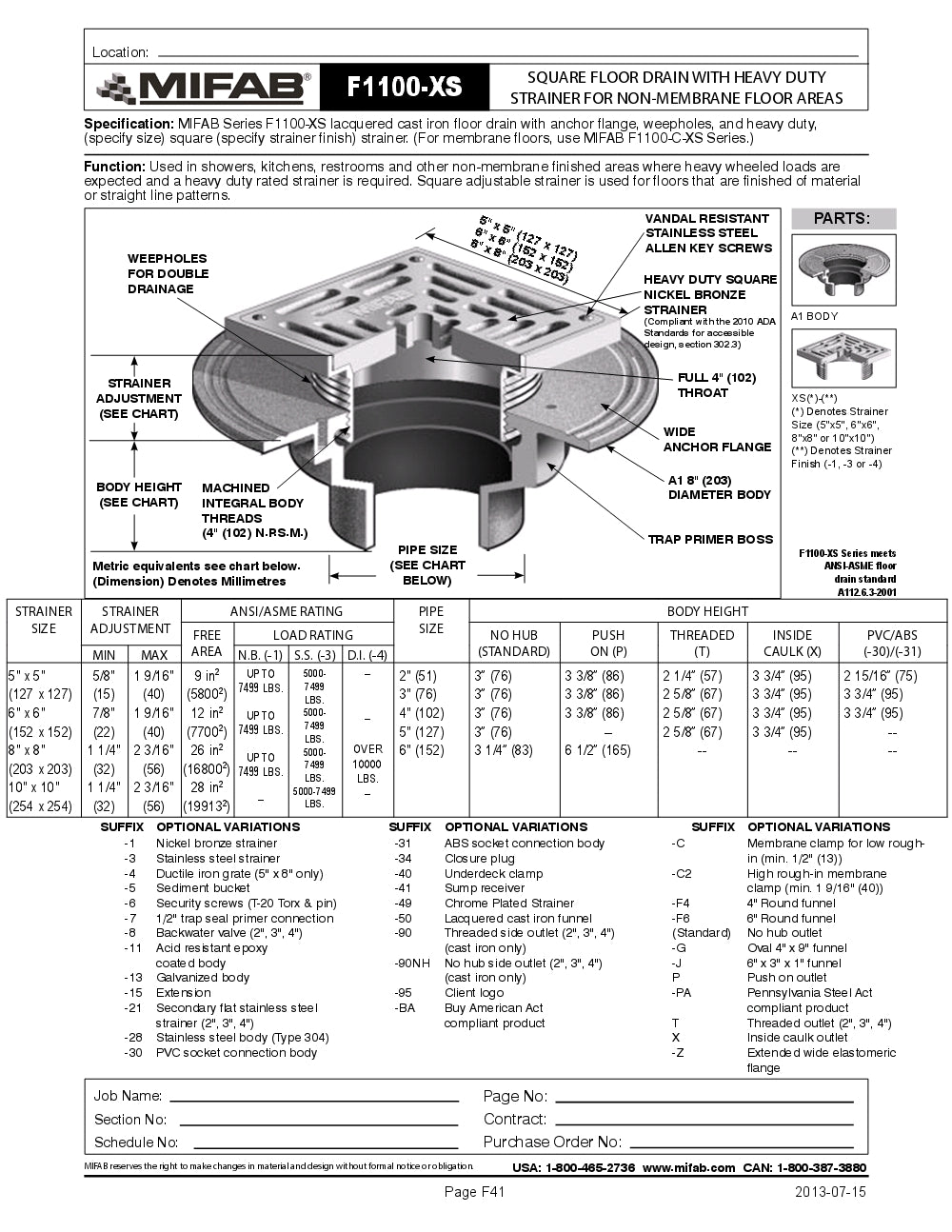 Coladera de Piso con Rejilla Cuadrada marca Mifab, Quima.com, F1100-SX, Hoja Tecnica