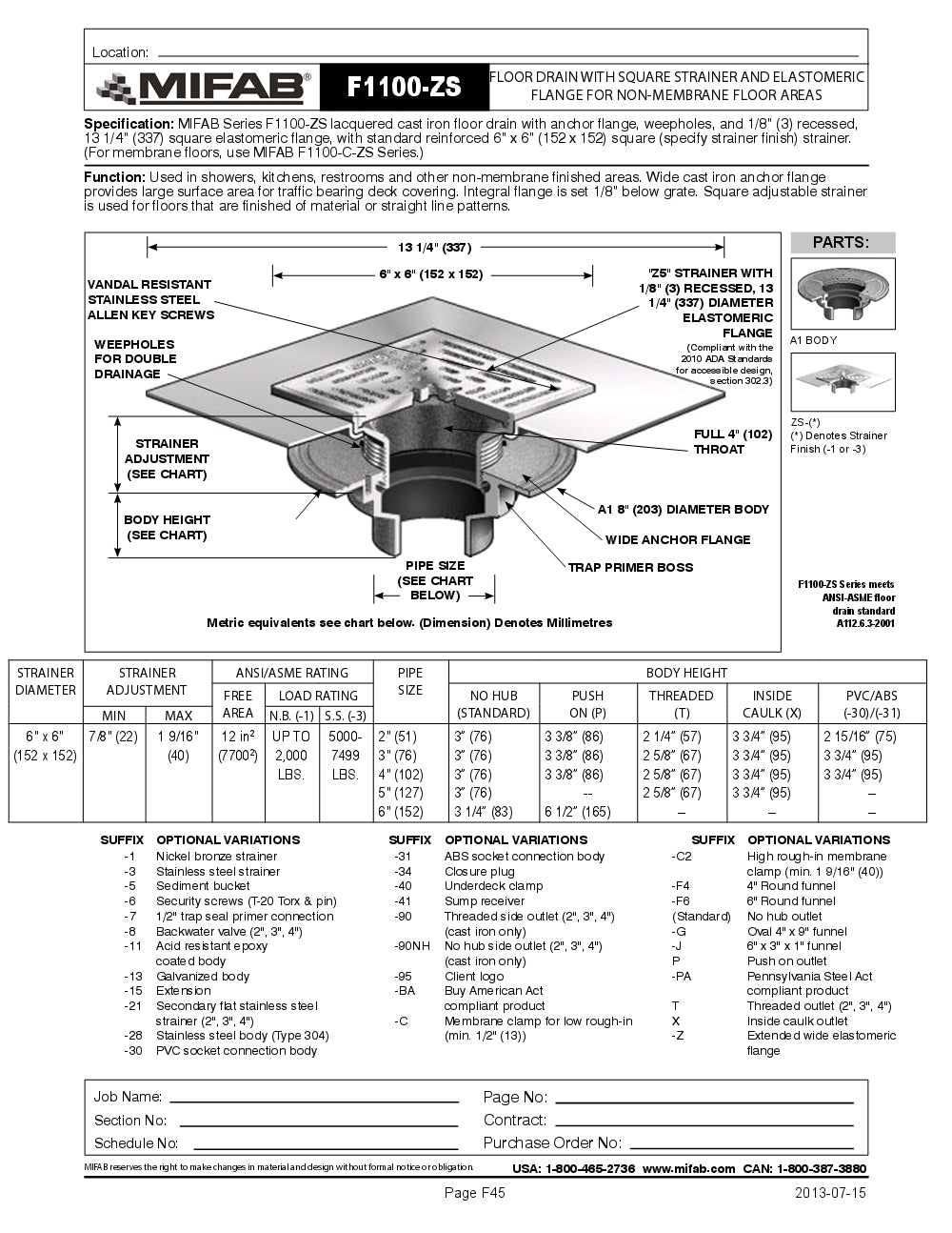 Coladera de Piso con Rejilla Cuadrada Extra Extendida marca Mifab, Quima.com, F1100-ZS, Hoja Tecnica