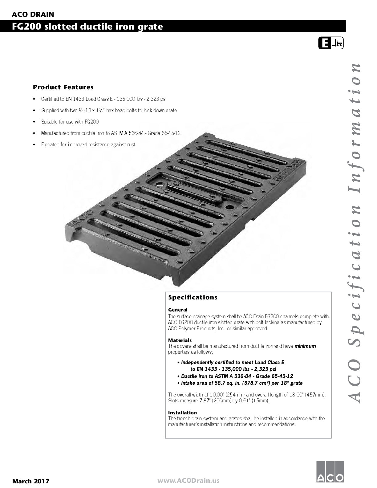 Trinchera - Rejilla Prefabricada de 8" Modelo Hierro Dúctil Ranurado, Marca Aco México, Quima, FG200, Distribuidor autorizado, Proveedor autorizado, Hoja tecnica, Ficha tecnica, Hoja seguridad 