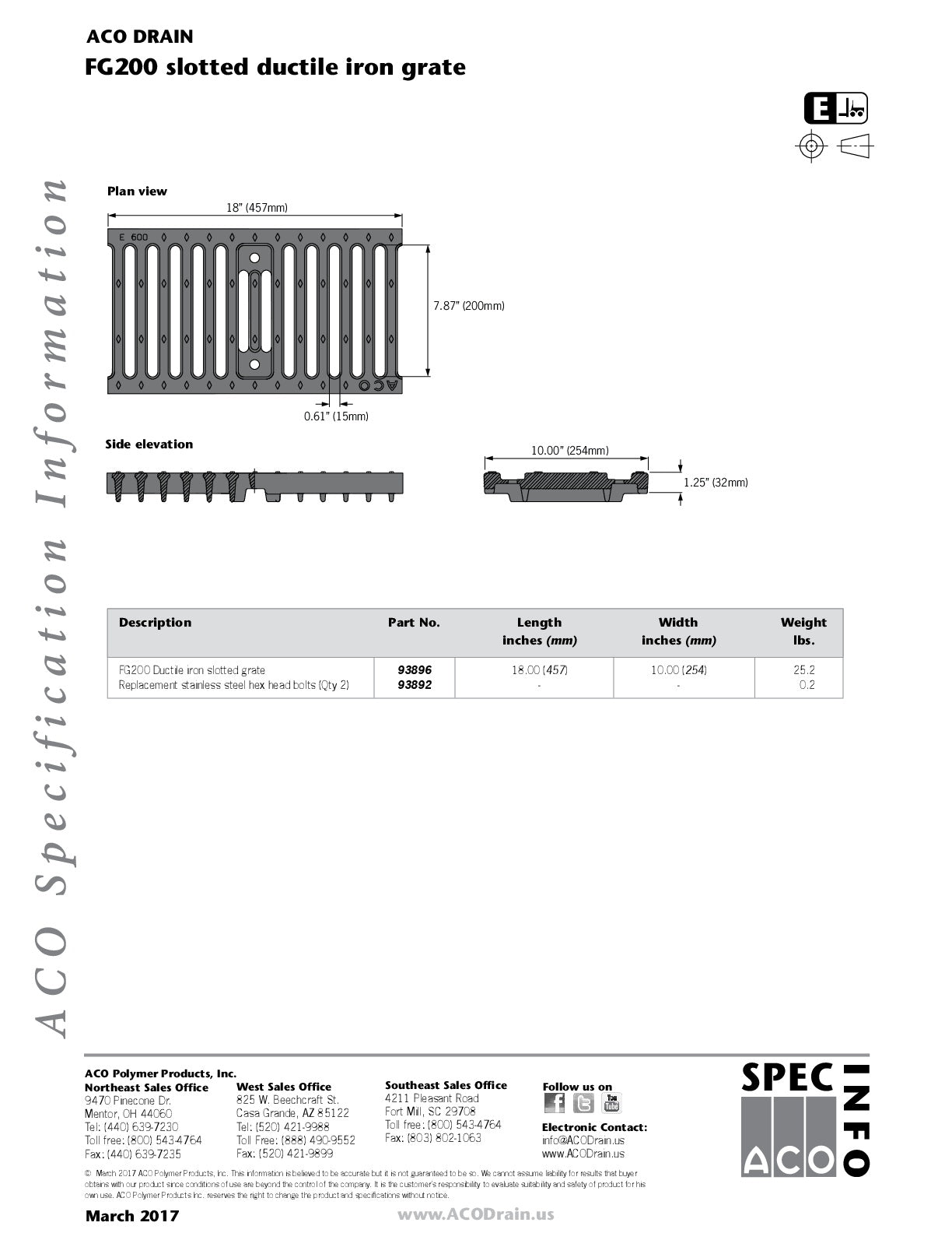 Trinchera - Rejilla Prefabricada de 8" Modelo Hierro Dúctil Ranurado, Marca Aco México, Quima, FG200, Distribuidor autorizado, Proveedor autorizado, Hoja tecnica, Ficha tecnica, Hoja seguridad 