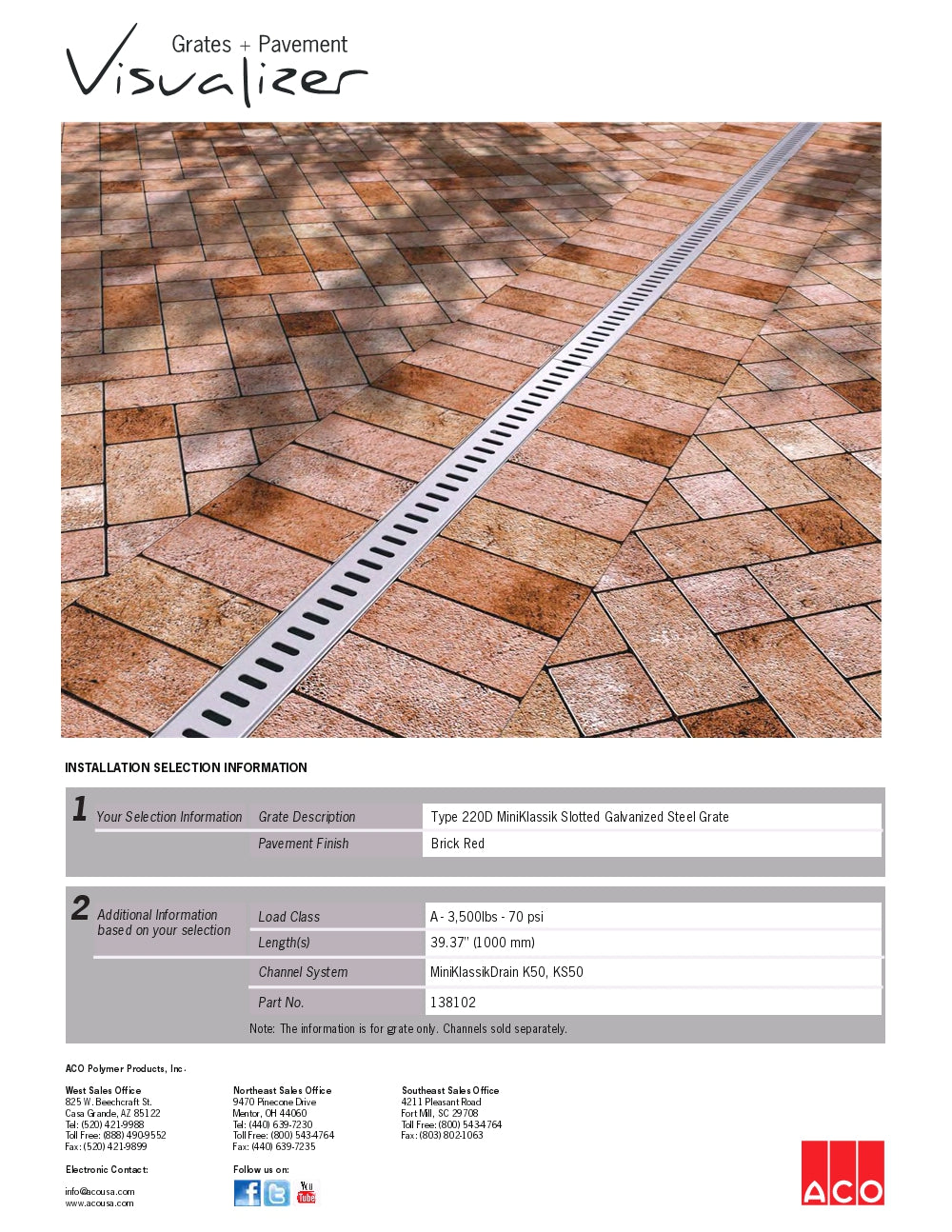 Trinchera - Rejilla Prefabricada de 2" Modelo Miniklassik Slotted Galvanized steel, Marca Aco México, Distribuidor autorizado, Proveedor autorizado, Quima, 220D K50, Hoja tecnica, Ficha tecnica, Hoja seguridad