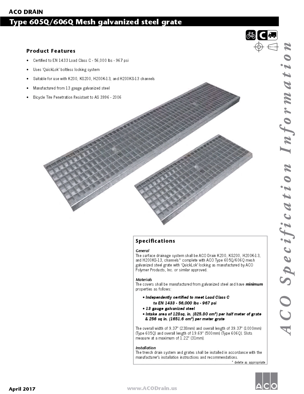 Trinchera Prefabricada de 8" Modelo Mesh Galvanized Steel, Marca ACO México, Quima, 605Q-606Q, Distribuidor autorizado, Proveedor autorizado,Hoja tecnica, Ficha tecnica, Hoja seguridad