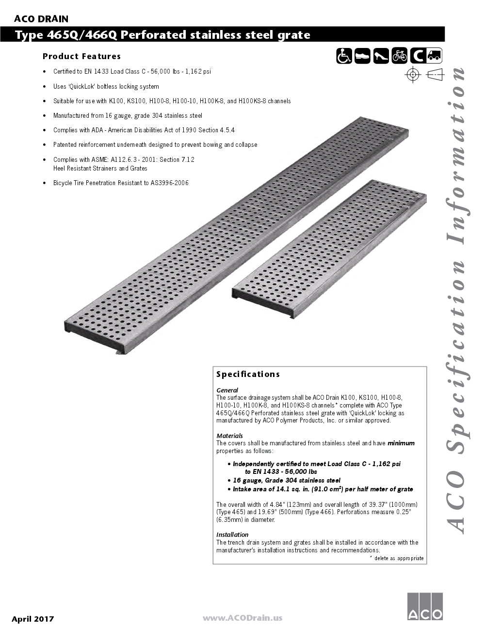 Trinchera - Rejilla Prefabricada de 4" Modelo Acero Inoxidable Perforado, Marca Aco México, Quima, 465Q.466Q, Distribuidor autorizado, Proveedor autorizado, Hoja tecnica, Ficha tecnica, Hoja seguridad 