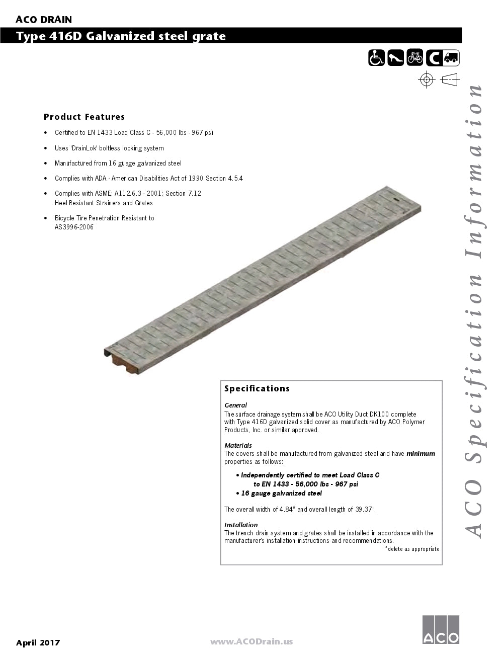 Trinchera - Rejilla Prefabricada de 4" Modelo Acero Galvanizado, Marca Aco Mexico, Quima, 416D, Proveedor autorizado, Distribuidor autorizado, Hoja tecnica, Ficha tecnica, Hoja seguridad 