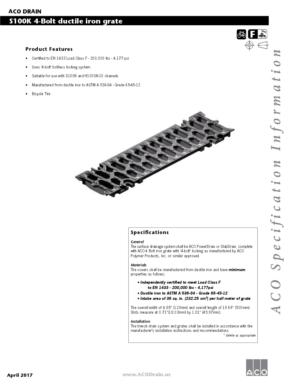 Trinchera Prefabricada de 4" Modelo Hierro Ductil Ranurado, Marca Aco México, Quima, S100K 4, Distribuidor autorizado, Proveedor autorizado, Hoja tecnica, Ficha tecnica, Hoja seguridad