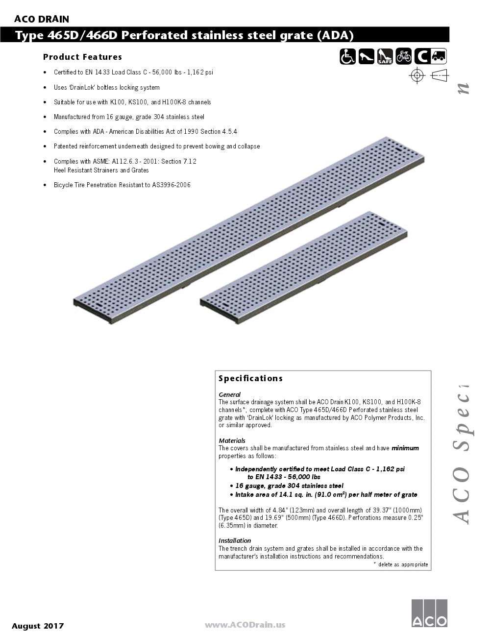 Trinchera - Rejilla Prefabricada de 4" Modelo Acero Inoxidable Perforado, Marca Aco México, Quima, 465D-466D, Distribuidor autorizado, Proveedor autorizado, Hoja de seguridad, Hoja tecnica, Ficha tecnica 