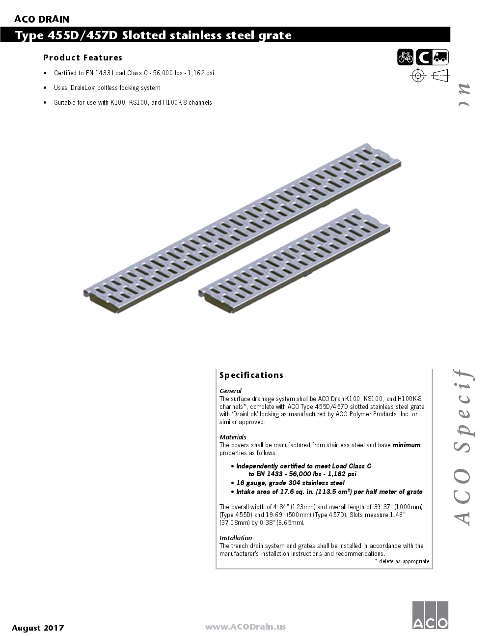 Trinchera - Rejilla Prefabricada de 4" Modelo Acero Inoxidable Ranurado, Marca Aco Mexico, Quima, 455D-457D, Distribuidor autorizado, Proveedor autorizado, Hoja tecnica, Ficha tecnica, Hoja seguridad