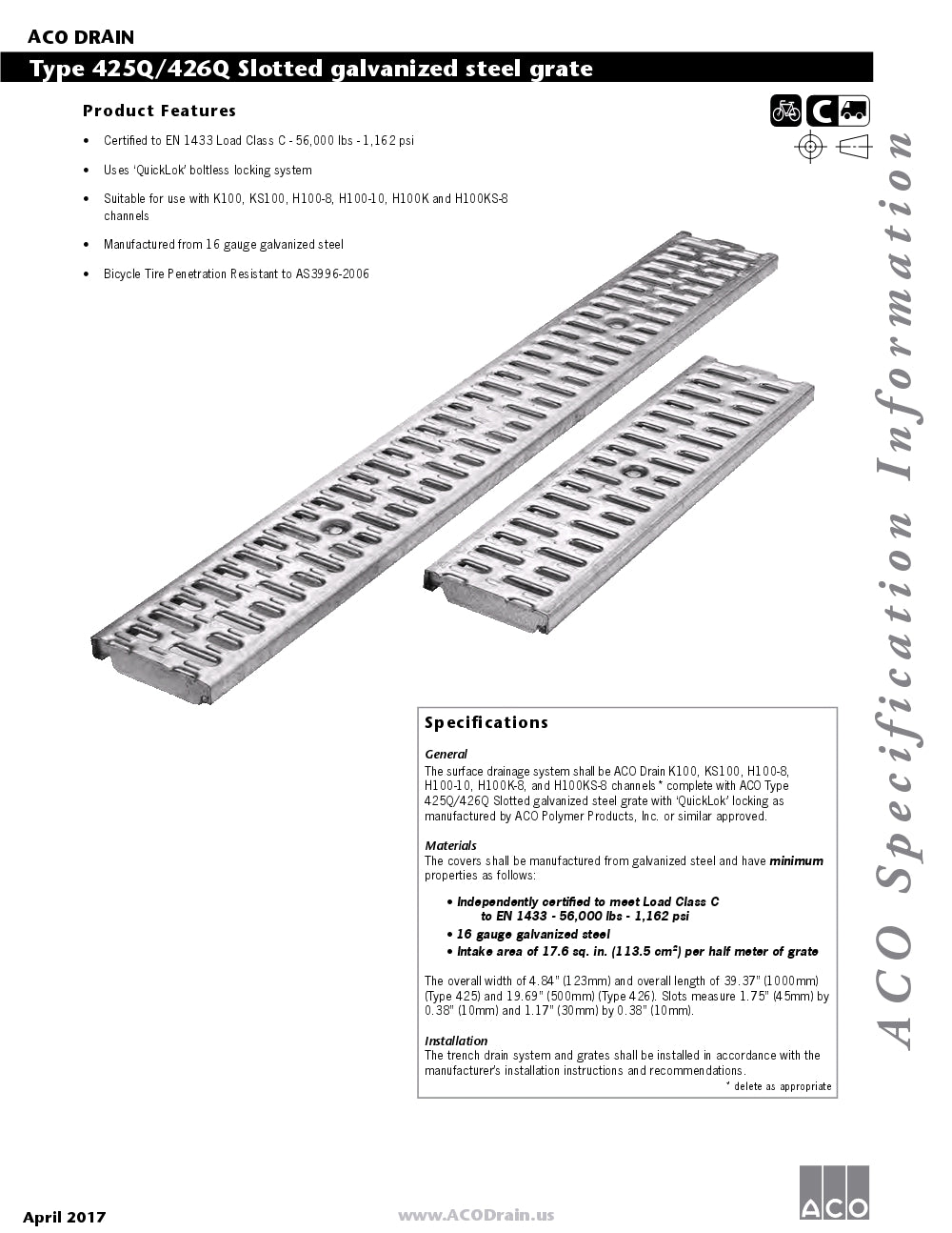 Trinchera - Rejilla Prefabricada de 4" Modelo Acero Galvanizado Ranurado, Marca Aco Mexico, Quima, Proveedor autorizado, Distribuidor autorizado, 425Q, Hoja tecnica, Ficha tecnica, Hoja seguridad