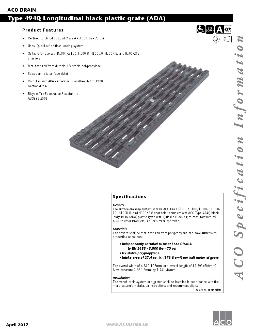 Trinchera Prefabricada de 4" Modelo Longitudinal Plástico Negro, Marca Aco México, Quima, 494Q, Distribuidor autorizado, Proveedor autorizado, Hoja tecnica, Ficha tecnica, Hoja seguridad