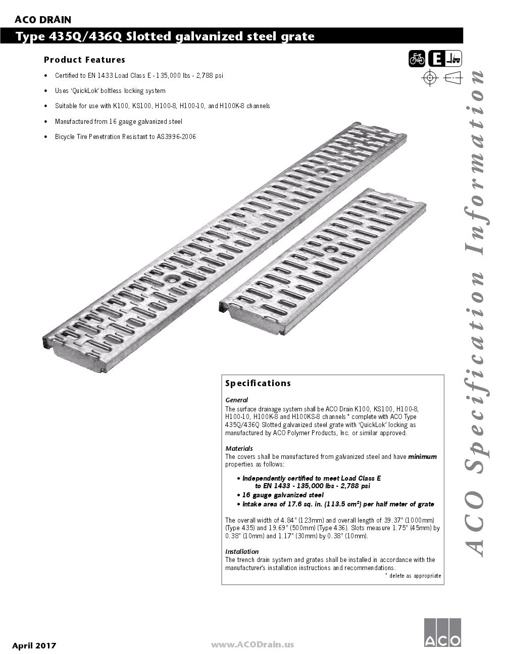 Trinchera - Rejilla Prefabricada de 4" Modelo Acero Galvanizado Ranurado, Marca Aco México, Quima, 435Q, Distribuidor autorizado, Proveedor autorizado, Hoja tecnica, Ficha tecnica, Hoja seguridad