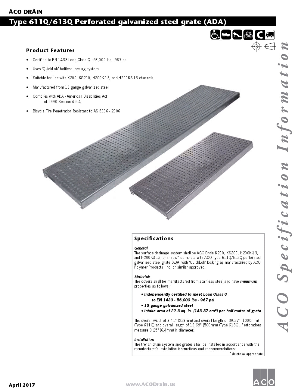 Trinchera - Rejilla Prefabricada de 4" Modelo Acero Galvanizado Perforado, Marca Aco México, Quima, 611Q, Distribuidor autorizado, Proveedor autorizado, Hoja tecnica, Ficha tecnica, Hoja seguridad