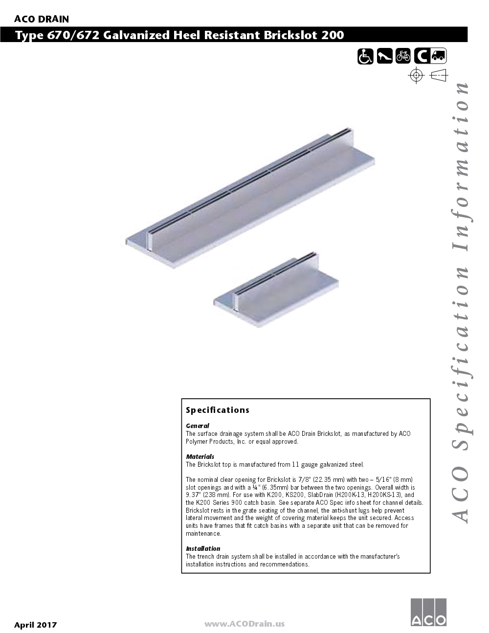 Trinchera - Rejilla Prefabricada de 8" Modelo Brickslot Galvanizado Resistente,Marca Aco México, Quima, 670, Distribuidor autorizado, Proveedor autorizado, Hoja tecnica, Ficha tecnica, Hoja seguridad