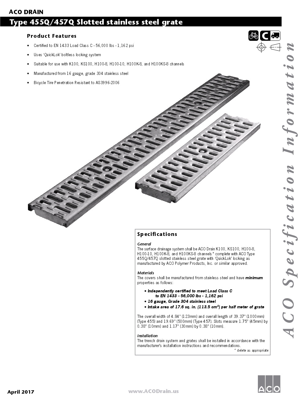 Trinchera - Rejilla Prefabricada de 4" Modelo Acero Inoxidable Ranurado, Marca Aco México, Quima, 455Q-457Q, Distribuidor autorizado, Proveedor autorizado, Hoja tecnica, Ficha tecnica, Hoja seguridad