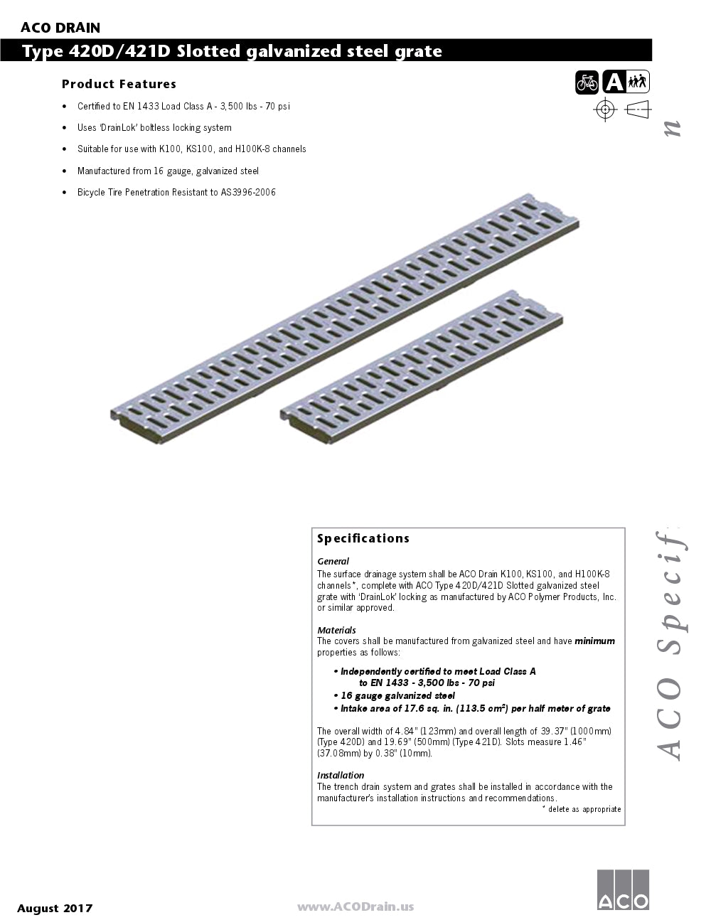 Trinchera - Rejilla Prefabricada de 4" Modelo Acero Galvanizado Ranurado, Marca Aco Mexico, Quima, 420D/421D, Distribuidor autorizado, Proveedor autorizado, Hoja tecnica, Hoja seguridad, Ficha tecnica