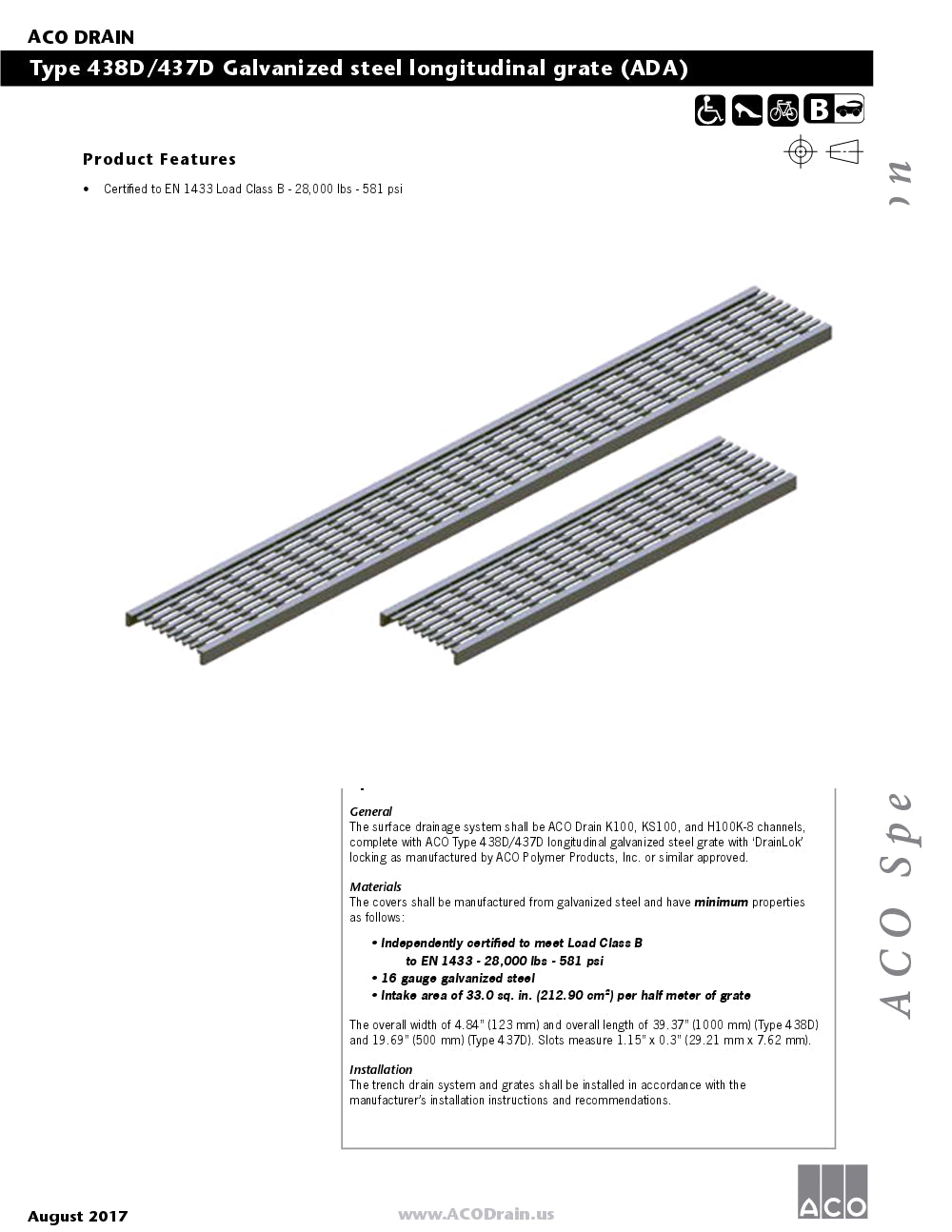 Trinchera - Rejilla Prefabricada de 4" Modelo Longitudinal Acero Galvanizado, Marca Aco Mexico, Quima, 438D, Proveedor autorizado, Distribuidor autorizado, Hoja tecnica, Ficha tecnica, Hoja seguridad