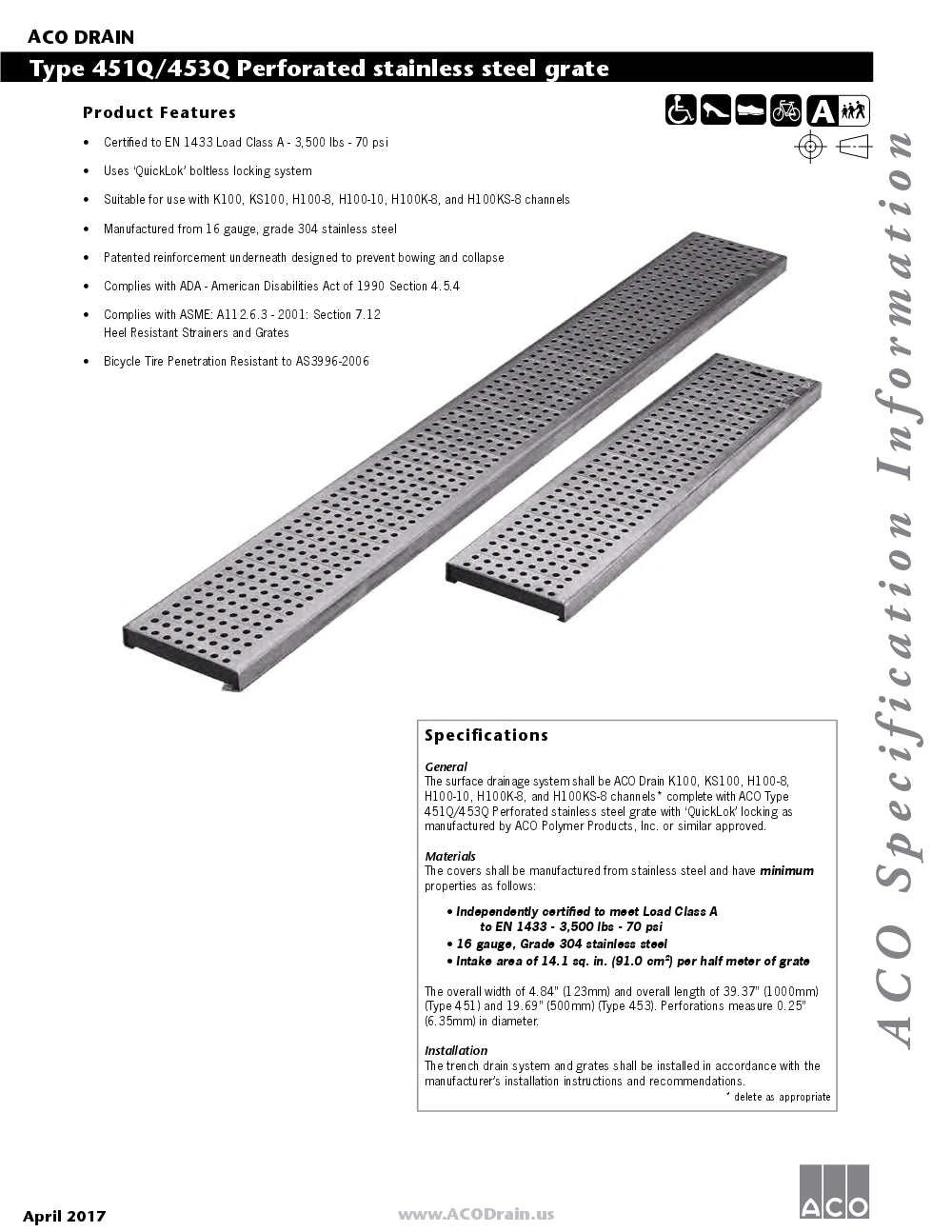 Trinchera - Rejilla Prefabricada de 4" Modelo Acero Inoxidable Perforado, Marca Aco Mexico, Quima, 451Q-453Q, Distribuidor autorizado, Proveedor autorizado, Hoja tecnica, Ficha tecnica, Hoja seguridad