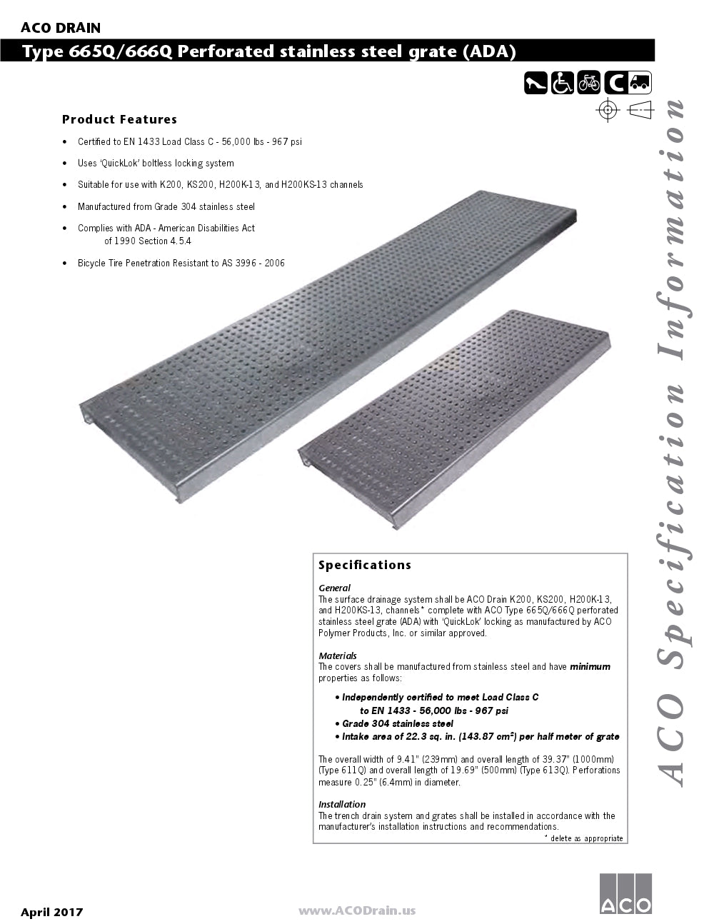 Trinchera - Rejilla Prefabricada de 8" Modelo Acero Inoxidable Perforado, Marca Aco México, Quima, 665Q, Proveedor autorizado, Distribuidor autorizado, Hoja tecnica, Ficha tecnica, Hoja seguridad 