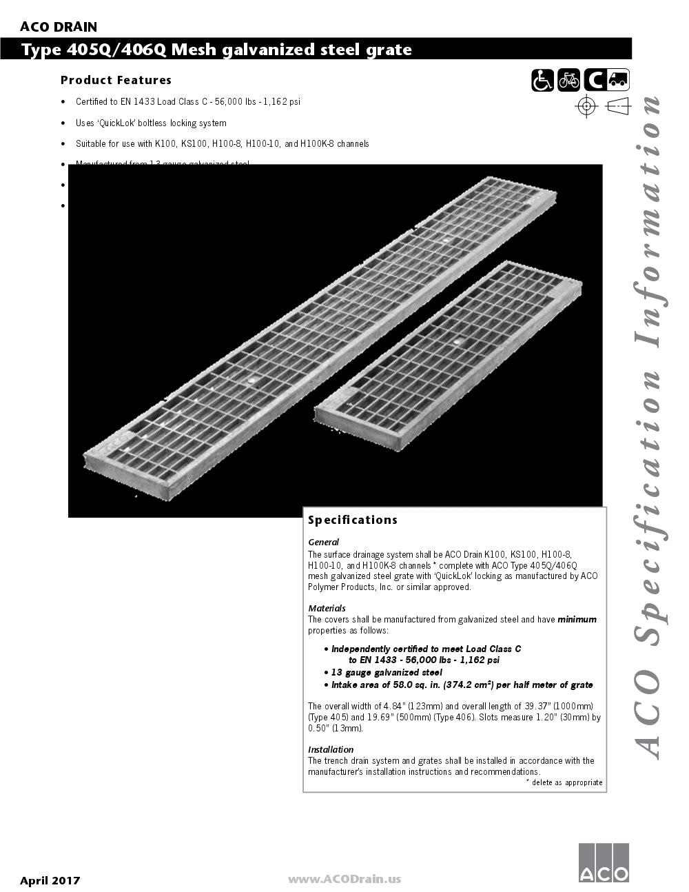 Trinchera Prefabricada de 4" Modelo Malla de Acero Galvanizado, Marca Aco Mexico, Quima, 405Q, Distribuidor autorizado, Proveedor autorizado, Hoja tecnica, Ficha tecnica