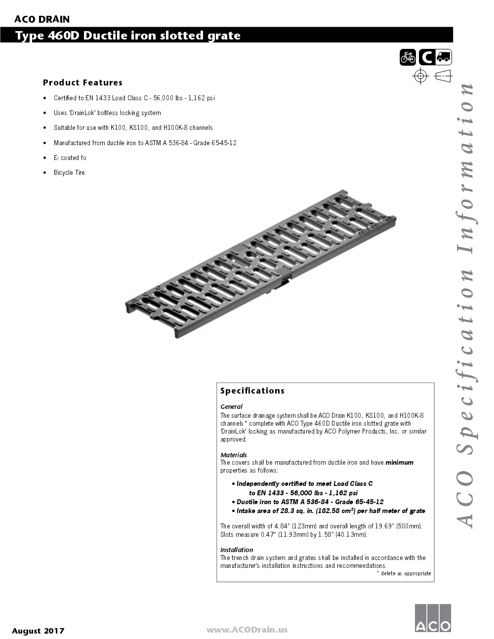 Trinchera - Rejilla Prefabricada de 4" Modelo Hierro Dúctil Ranurado, Marca Aco México, Quima, 460d, Distribuidor autorizado, Proveedor autorizado, Hoja tecnica, Ficha tecnica, Hoja seguridad