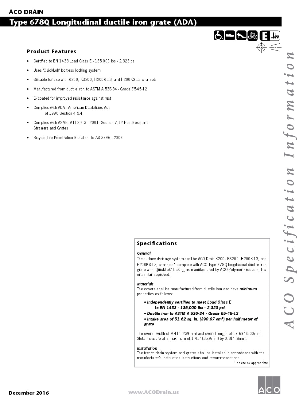 Trinchera Prefabricada de 8" Modelo Longitudinal Hierro Dúctil, Marca Aco Mexico, Quima, 078D, Proveedor autorizado, Distribuidor autorizado, Hoja tecnica, Ficha tecnica, Hoja seguridad