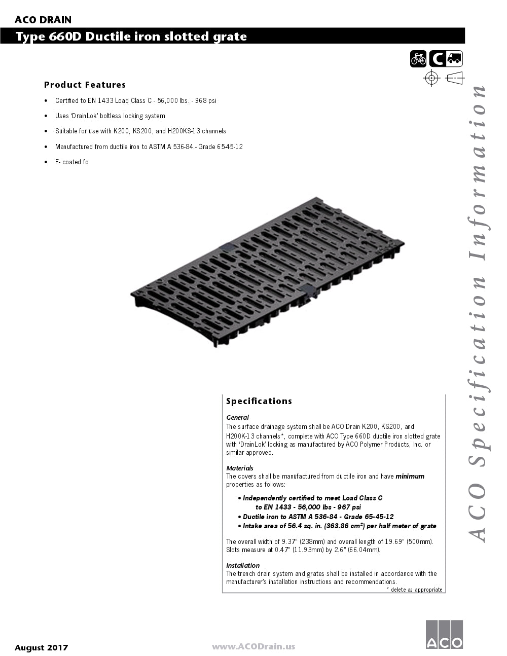 Trinchera Prefabricada de 8" Modelo Ductile Iron Slotted, Marca Aco Mexico, Quima, 660D, Distribuidor autorizado, Proveedor autorizado, Hoja tecnica, Ficha tecnica, Hoja seguridad