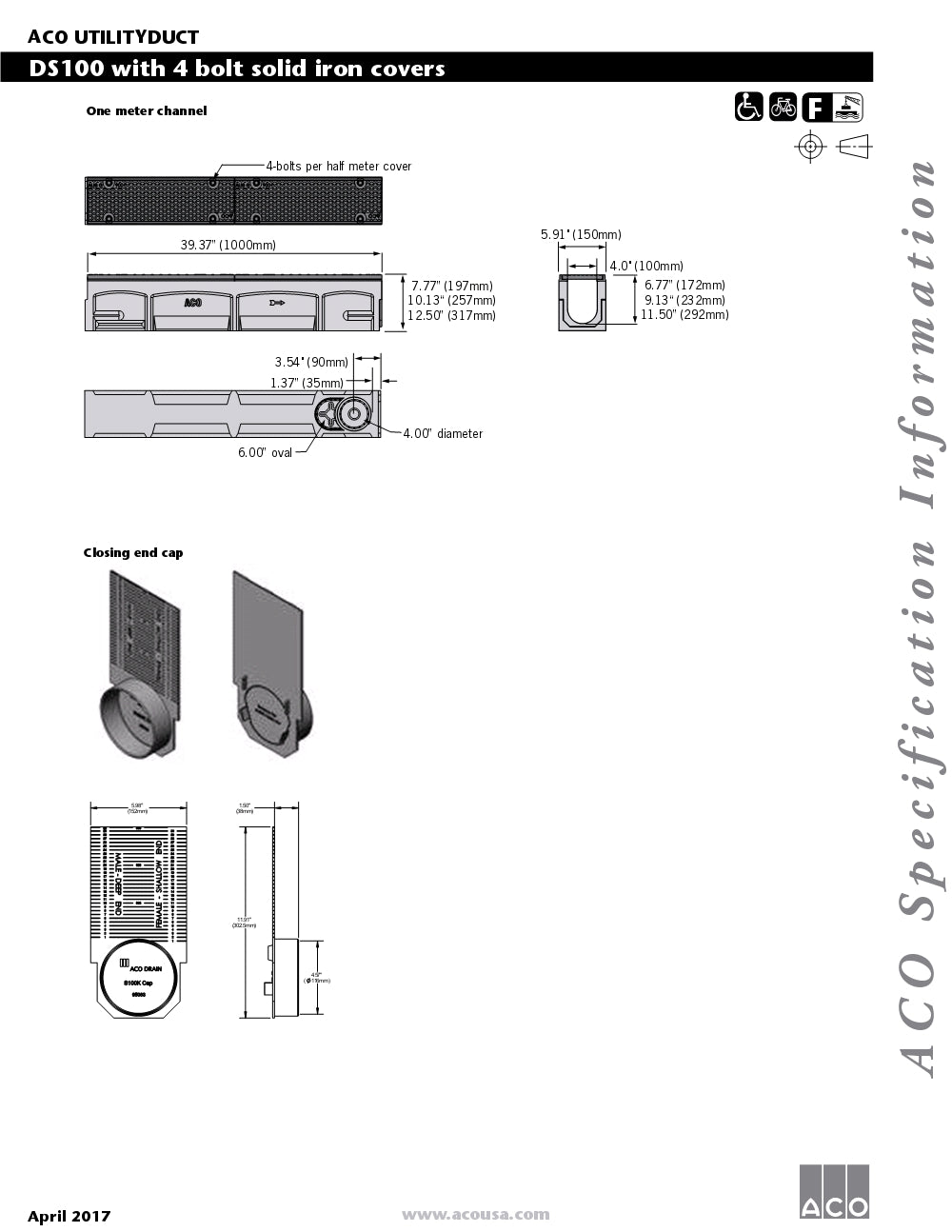 Trinchera Prefabricada de 4" Modelo Cubierta de Hierro, Marca Aco México, Quima, DS100, Distribuidor autorizado, Proveedor autorizado, Hoja tecnica, Hoja seguridad, ficha tecnica