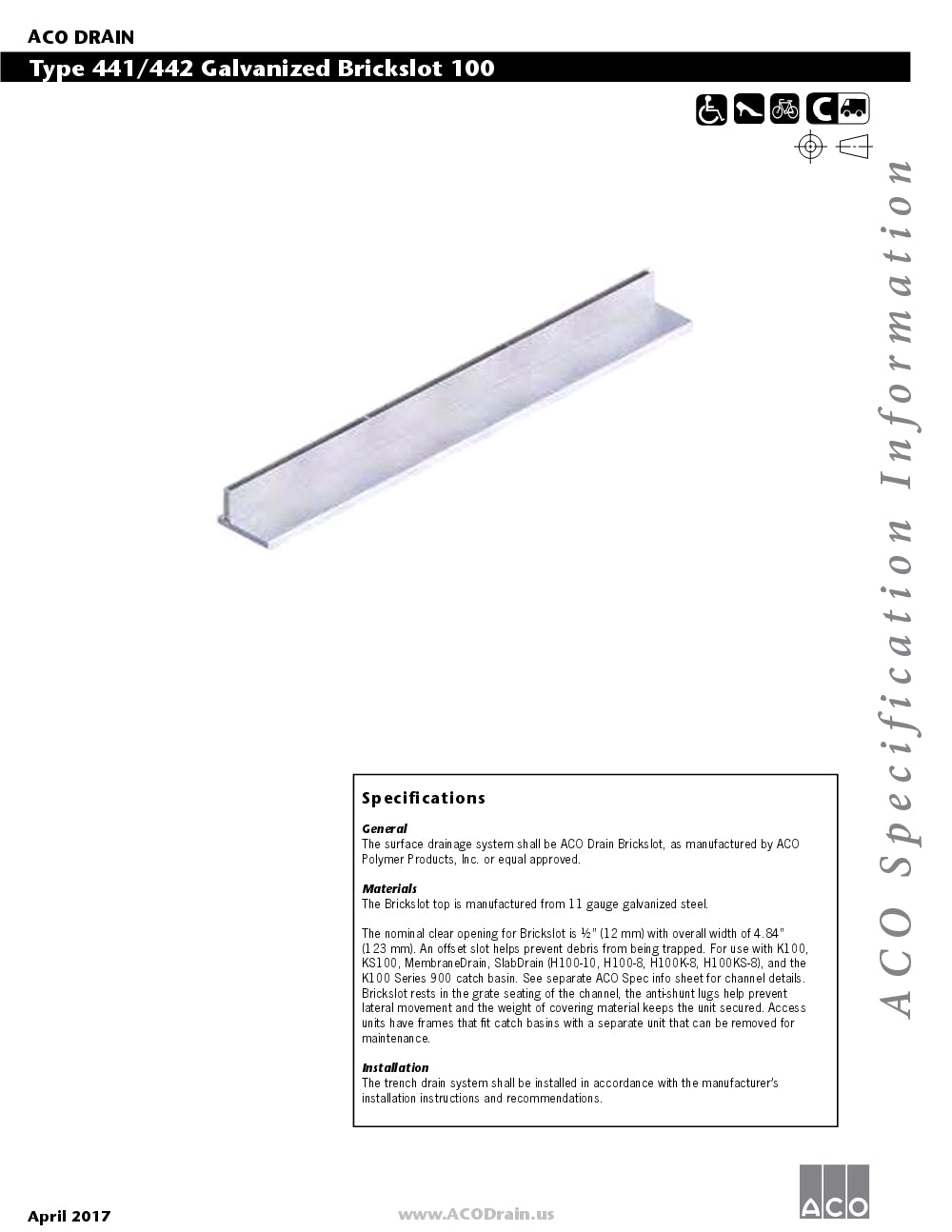 Trinchera - Rejilla Prefabricada de 4" Modelo Brickslot Acero Galvanizado , Marca Aco México, Quima, 441, Distribuidor autorizado, Proveedor autorizado, Hoja tecnica, Ficha tecnica, Hoja seguridad