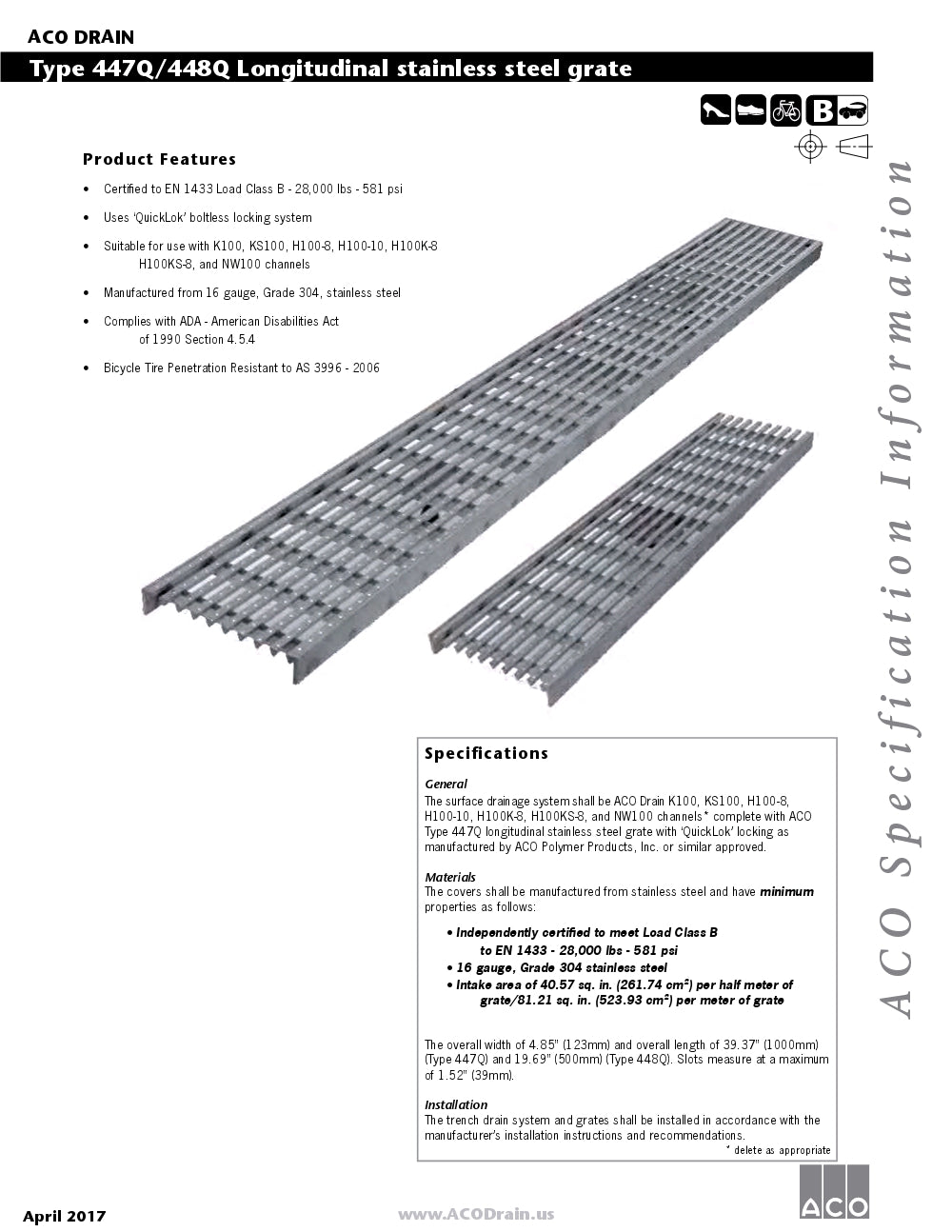 Trinchera - Rejilla Prefabricada de 4" Modelo Longitudinal Acero Inoxidable, Marca Aco Mexico, Quima, 447Q, 448Q, Distribuidor autorizado, Proveedor autorizado, Hoja seguridad, Hoja tecnica, Ficha tecnica