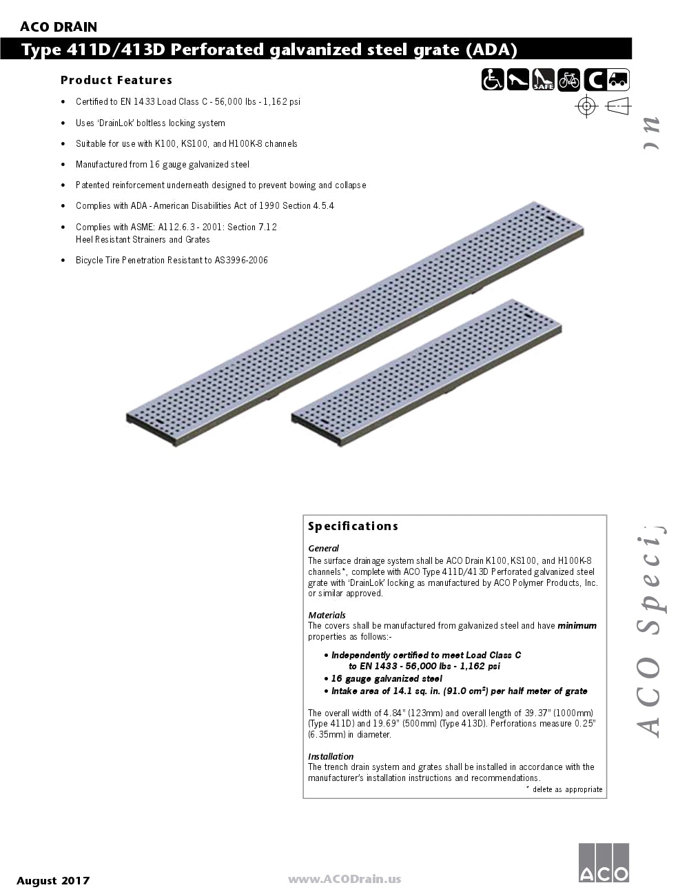 Trinchera - Rejilla Prefabricada de 4" Modelo  Acero Galvanizado Perforado, Marca Aco México, Quima, 411D/413D, Distribuidor autorizado, Proveedor autorizado, Hoja tecnica, Ficha tecnica, Hoja seguridad 