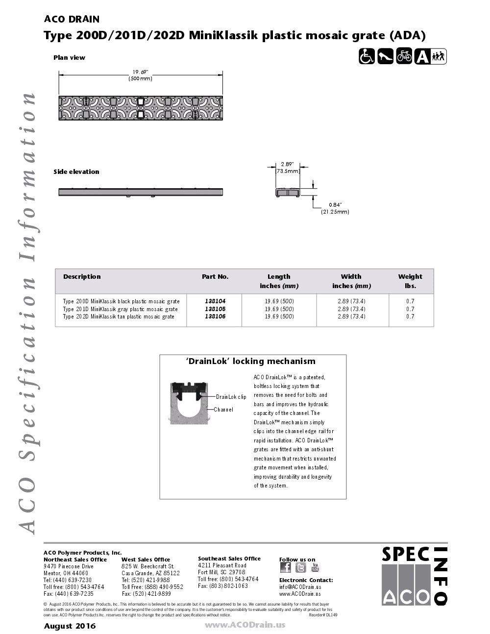 Trinchera - Rejilla Prefabricada de 2" Modelo Mosaic Plastic Gray, Marca Aco Mexico, Quima, Proveedor autorizado, Distribuidor autorizado, 201D, Hoja tecnica, Ficha tecnica, Hoja seguridad