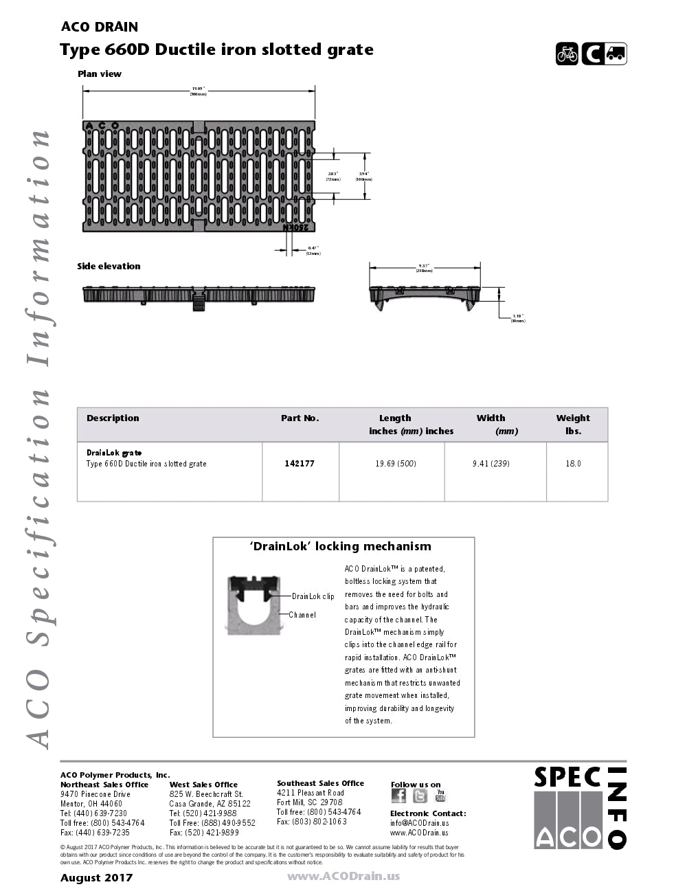 Trinchera Prefabricada de 8" Modelo Ductile Iron Slotted, Marca Aco Mexico, Quima, 660D, Distribuidor autorizado, Proveedor autorizado, Hoja tecnica, Ficha tecnica, Hoja seguridad