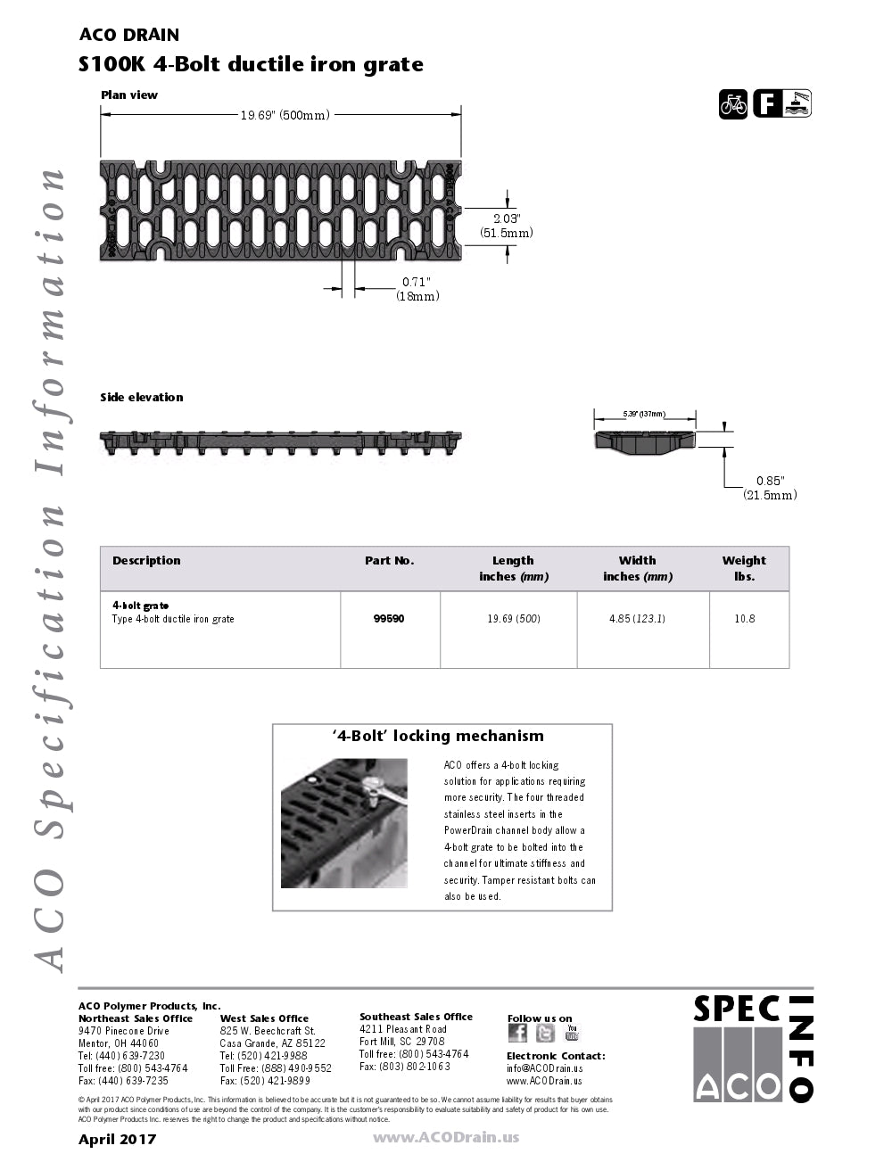 Trinchera Prefabricada de 4" Modelo Hierro Ductil Ranurado, Marca Aco México, Quima, S100K 4, Distribuidor autorizado, Proveedor autorizado, Hoja tecnica, Ficha tecnica, Hoja seguridad