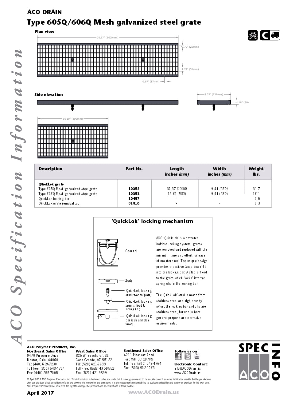 Trinchera Prefabricada de 8" Modelo Mesh Galvanized Steel, Marca ACO México, Quima, 605Q-606Q, Distribuidor autorizado, Proveedor autorizado,Hoja tecnica, Ficha tecnica, Hoja seguridad