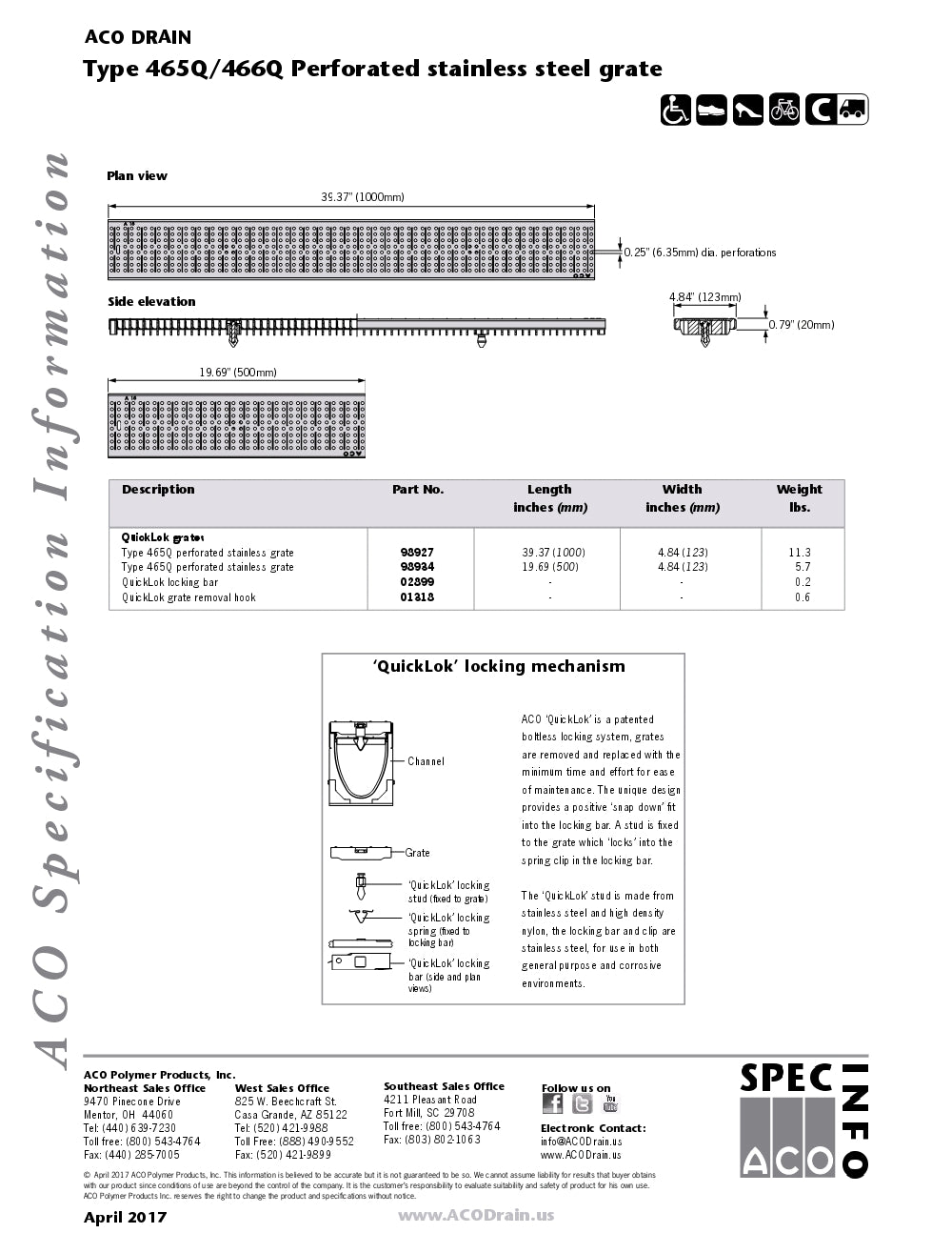 Trinchera - Rejilla Prefabricada de 4" Modelo Acero Inoxidable Perforado, Marca Aco México, Quima, 465Q.466Q, Distribuidor autorizado, Proveedor autorizado, Hoja tecnica, Ficha tecnica, Hoja seguridad 