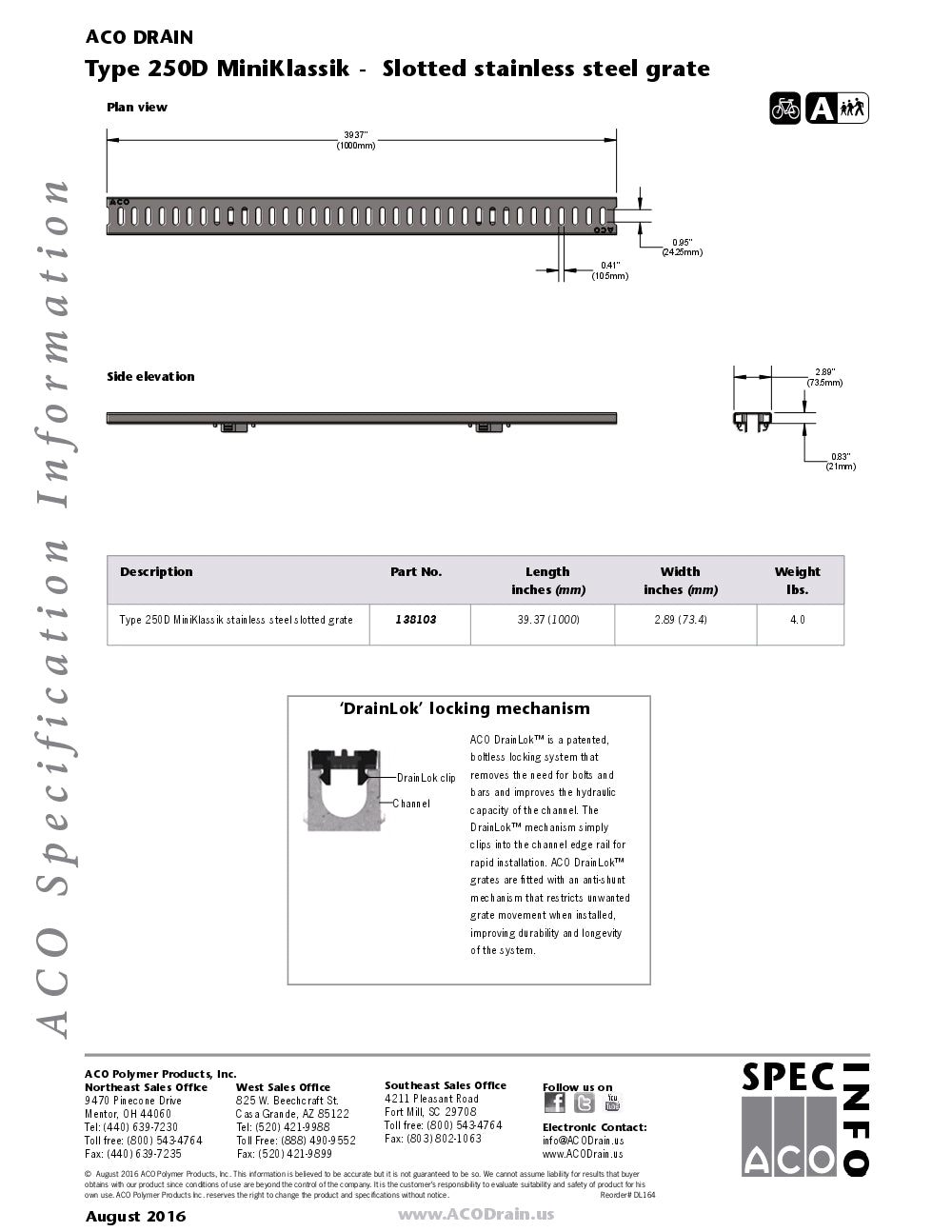 Trinchera-Rejilla Prefabricada de 2" Modelo MiniKlassik Slotted Stainless steel, Marca Aco México, Quima, 250D K50, Proveedor autorizado, Distribuidor autorizado, Hoja tecnica, Ficha tecnica, Hoja seguridad