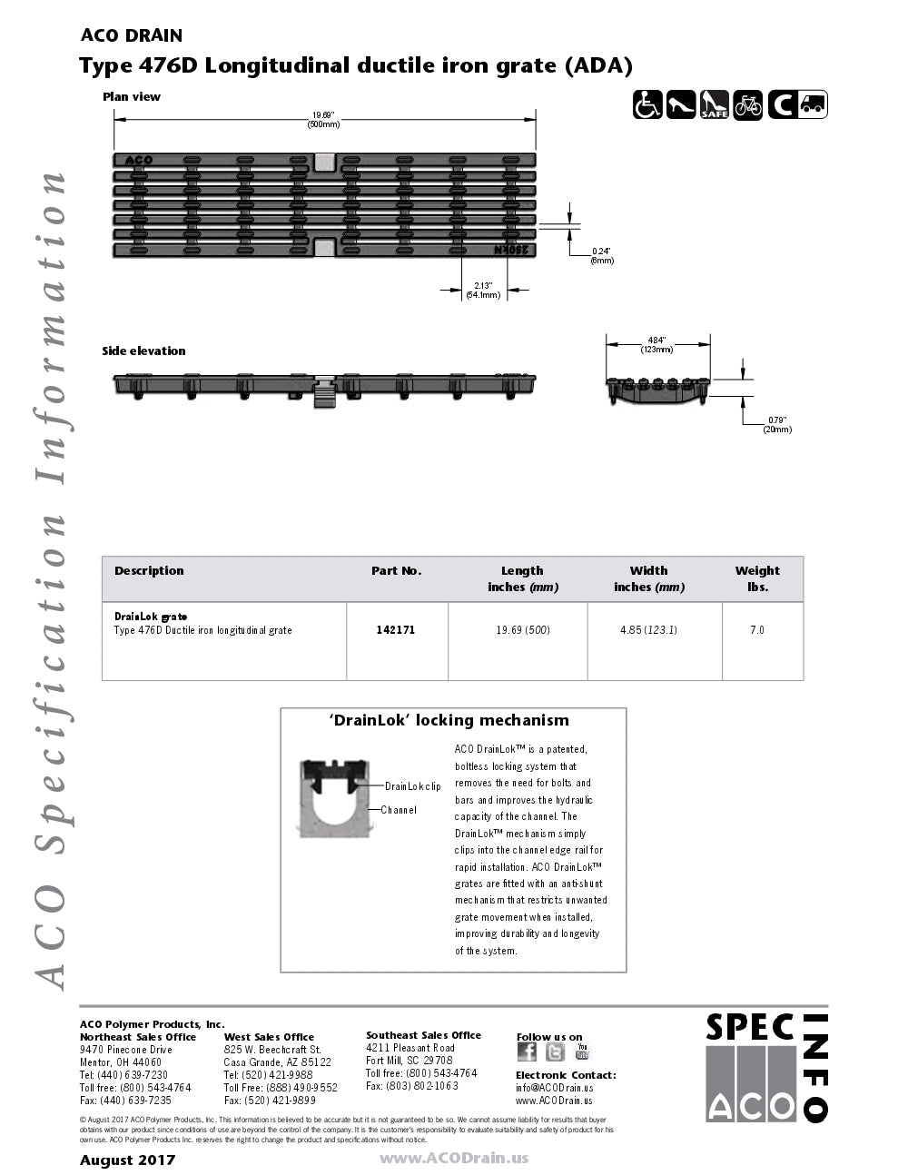 Trinchera - Rejilla Prefabricada de 4" Modelo Hierro Dúctil Longitudinal, Marca Aco México, Quima, 476D, Distribuidor autorizado, Proveedor autorizado, Hoja tecnica, Ficha tecnica, Hoja seguridad