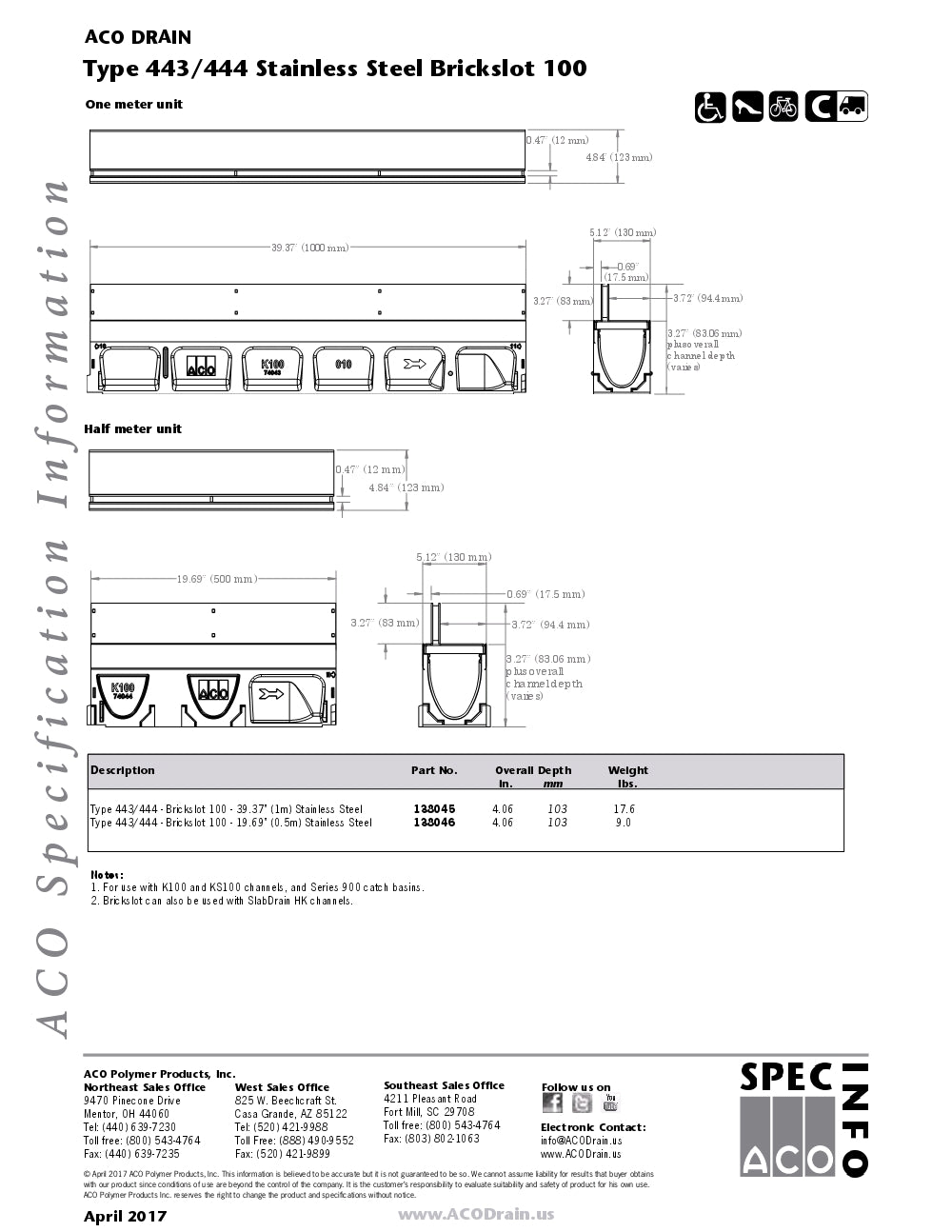 Trinchera - Rejilla Prefabricada de 4" Modelo Brickslot Acero inoxidable 100, Marca Aco México, Quima, 443-444, Distribuidor autorizado, Proveedor autorizado, Hoja tecnica, Ficha tecnica, Hoja seguridad