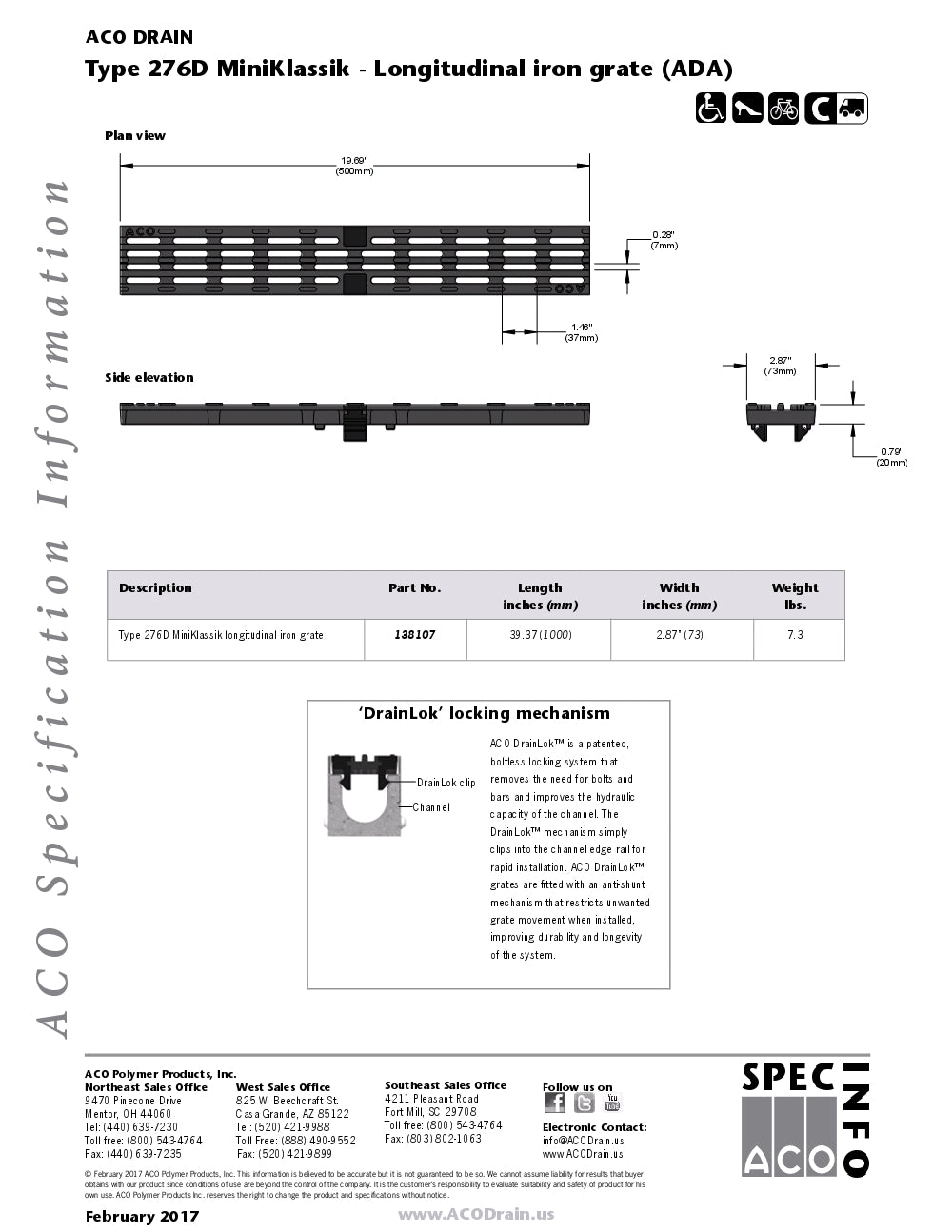 Trinchera-Rejilla Prefabricada de 2" Modelo MiniKlassik Longitudinal Ductile Iron, Marca Aco México, 276D, Quima, Proveedor autorizado, Distribuidor autorizado, Hoja tecnica, Ficha tecnica, Hoja seguridad