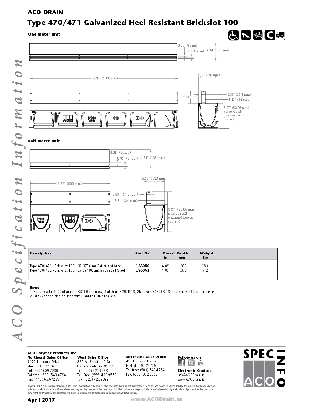 Trinchera - Rejilla Prefabricada de 4" Modelo Brickslot Acero Galvanizado Heel Resistant, Marca Aco México, 470-471, Quima, Distribuidor autorizado, Proveedor autorizado, Hoja tecnica, Ficha tecnica, Hoja seguridad