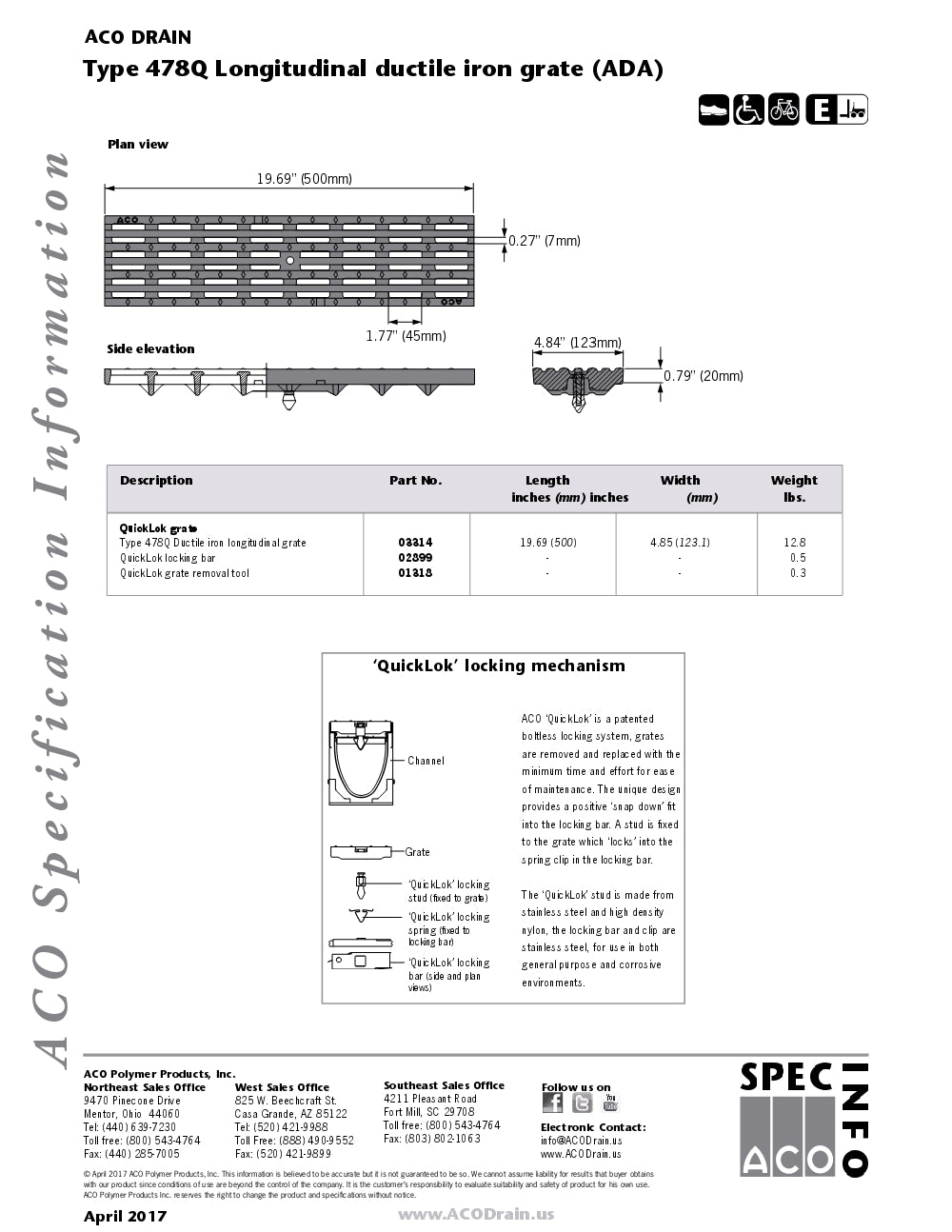 Trinchera - Rejilla Prefabricada de 4" Modelo Hierro Dúctil Longitudinal, Marca Aco México, Quima, 478Q, Distribuidor autorizado, Proveedor autorizado, Hoja seguridad, Hoja tecnica, Ficha tecnica