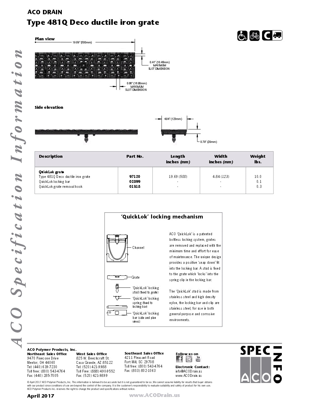 Trinchera - Rejilla Prefabricada de 4" Modelo Hierro Dúctil Deco, Marca Aco México, Quima, 481Q, Distribuidor autorizado, Proveedor autorizado, Hoja tecnica, Ficha tecnica, Hoja seguridad